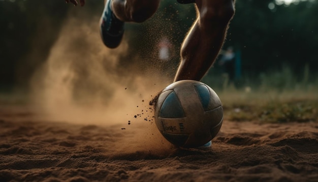 Uomini muscolosi calciano un pallone da calcio sulla sabbia generata dall'intelligenza artificiale
