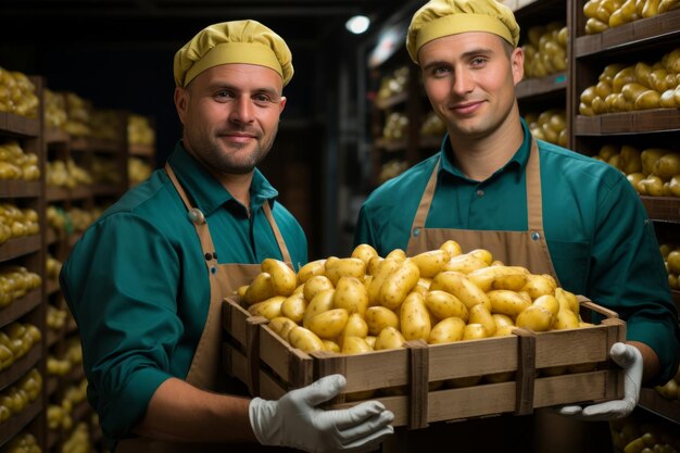 uomini sorridenti in uniforme che tengono casse di patate nel magazzino che controllano la qualità del raccoglitore