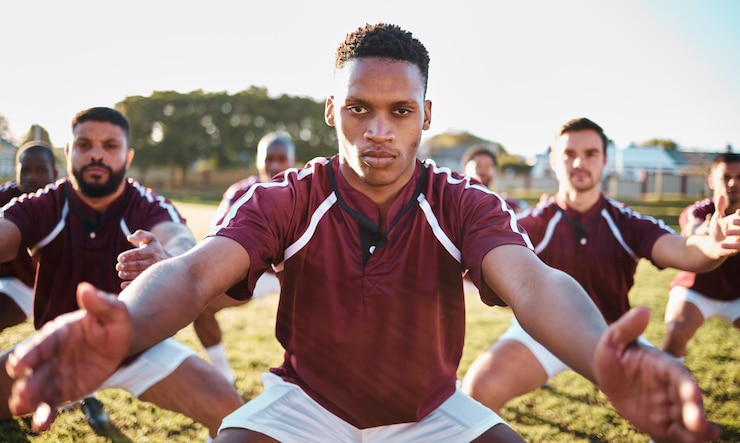 Foto uomini sportivi e ritratto di una squadra di rugby su un campo per l'allenamento di stretching e l'esercizio di fitness le persone del gruppo di atleti si allenano per il gioco di competizione del lavoro di squadra e la diversità con allenamento e prestazioni