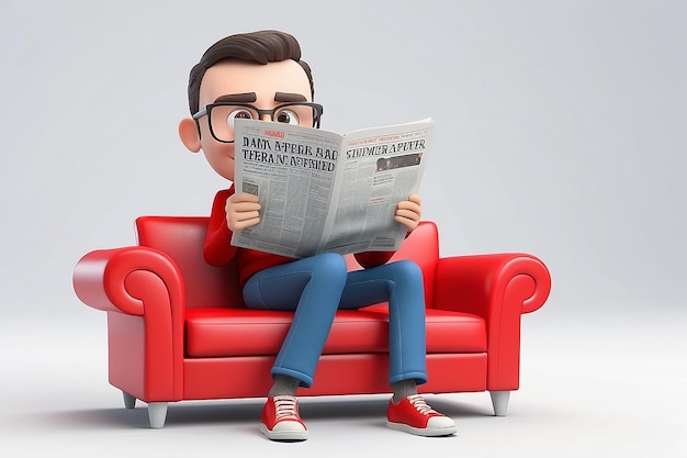 Uomo 3D che legge il giornale in un divano rosso su bianco