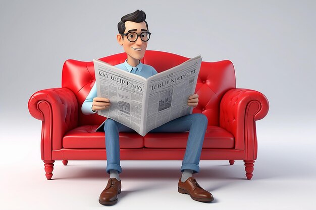 Uomo 3D che legge il giornale in un divano rosso su bianco