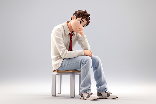 Uomo 3D depresso seduto su uno sfondo bianco