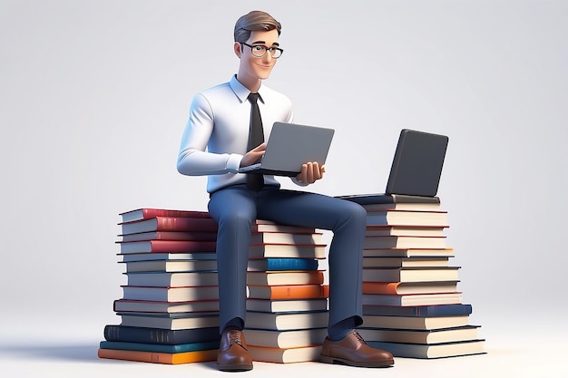 Uomo 3D seduto su un mucchio di libri che lavorano al suo portatile