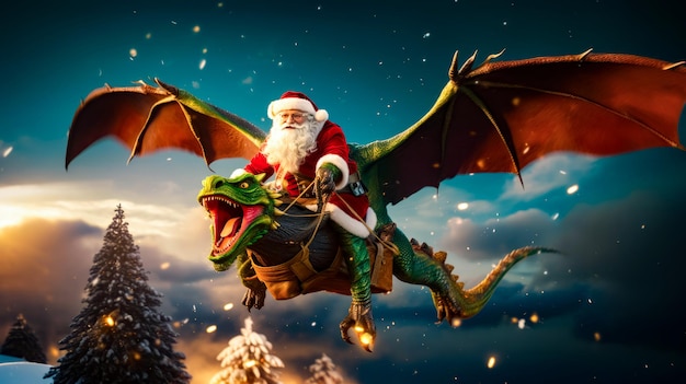 Uomo a cavallo di drago accanto all'albero di Natale AI generativa