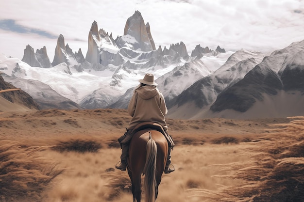 Uomo a cavallo sullo sfondo delle montagne generate da Ai