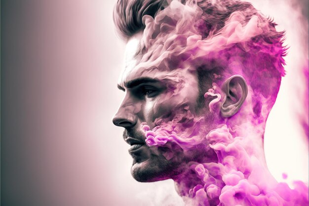 Uomo a doppia esposizione con fumo rosa nell'arte astratta come stress interiore