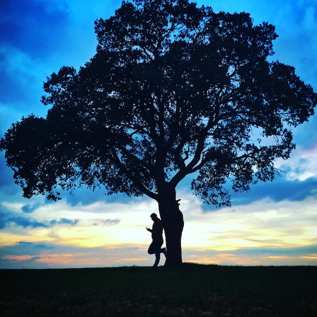 Uomo a silhouette appoggiato a un albero sul campo contro il cielo durante il tramonto