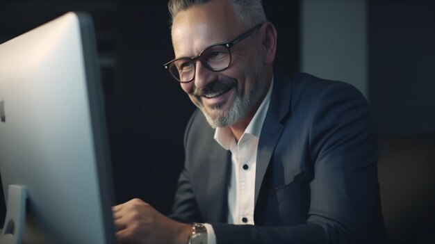 Uomo adulto che sorride utilizzando un computer