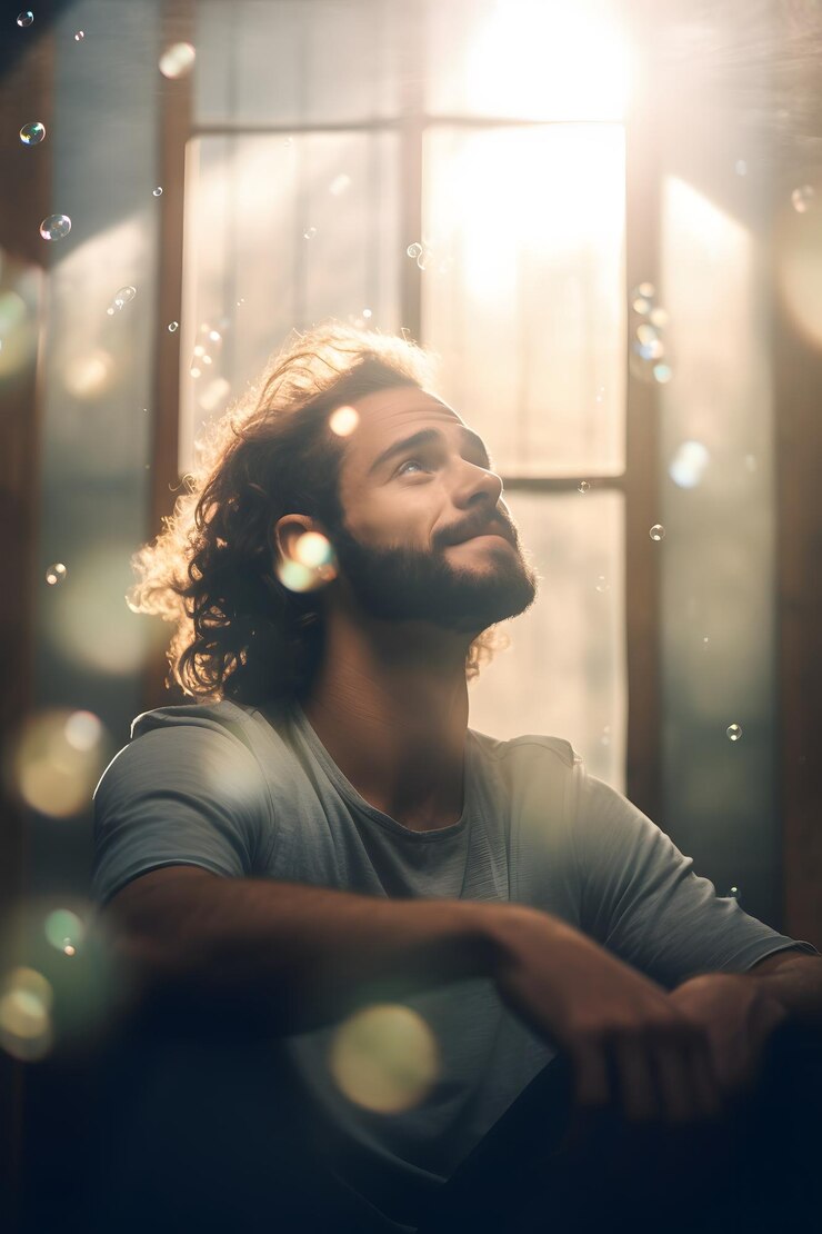 Uomo adulto rilassato che respira aria fresca con la rappresentazione delle bolle di freddezza