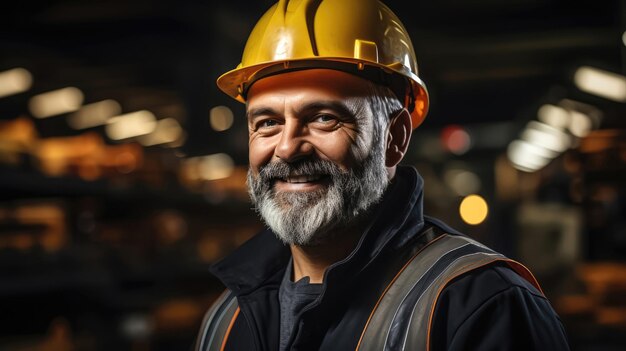 Uomo adulto sorridente in uniforme e casco sul sito di produzione