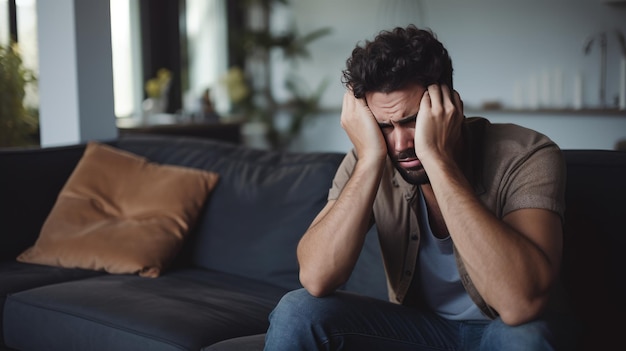 Uomo affetto da depressione seduto sul divano in pigiama