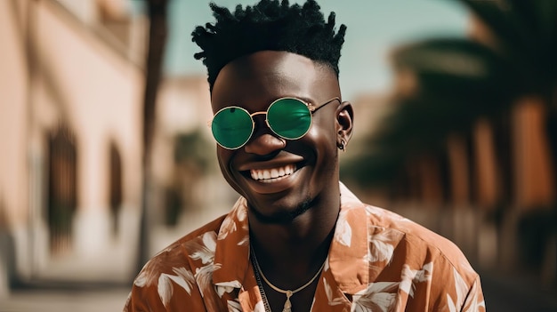 Uomo africano americano moderno sorridente primo piano ritratto indossando occhiali da sole felice vita cittadina alla moda