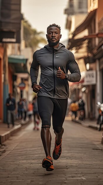 Uomo africano che corre in città corridore maschio