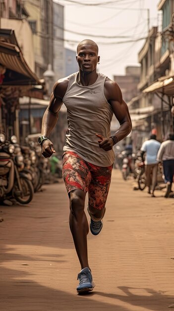 Uomo africano che corre in città corridore maschio