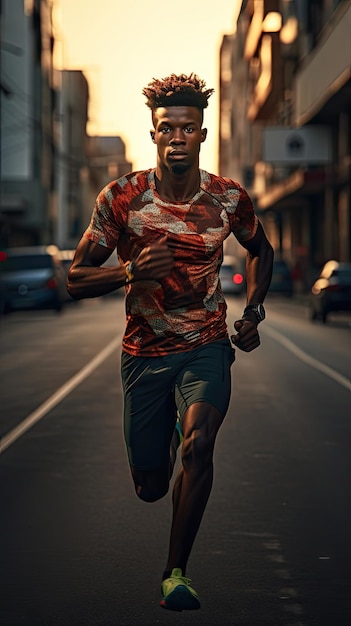 Uomo africano che corre in città corridore maschio