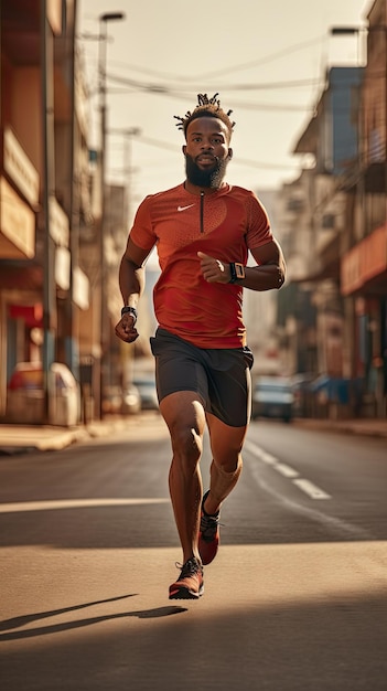 Uomo africano che corre in città corridore maschio