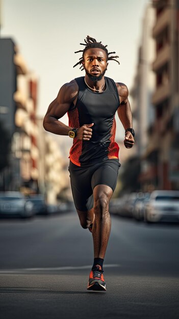 Uomo africano che corre in città corridore maschio