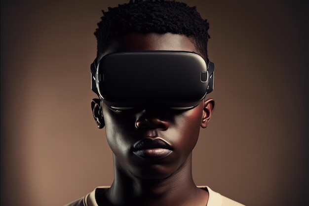 Uomo africano che indossa occhiali per realtà virtuale in piedi studio sfondo pulito