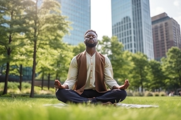 Uomo africano che pratica yoga nel parco urbano in una giornata estiva