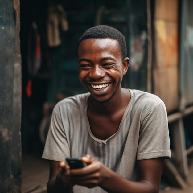 Uomo africano felice che tiene un telefono