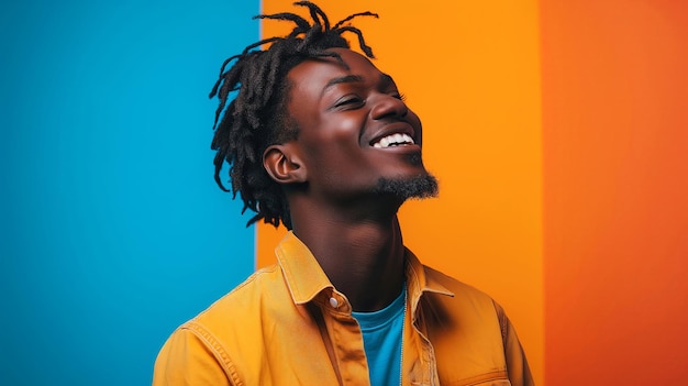 Uomo africano in camicia gialla e blu con dreadlocks che sorride contro uno sfondo colorato