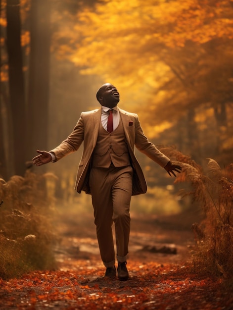 Uomo africano in posa dinamica emotiva su sfondo autunnale