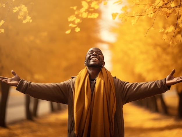 Uomo africano in posa dinamica emotiva su sfondo autunnale