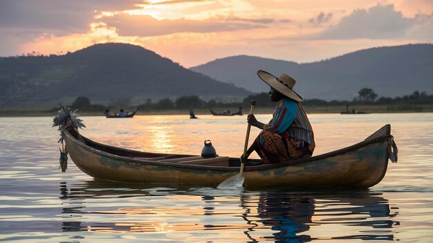 uomo africano nella vecchia canoa che pesca al lago Kivu in Rwanda