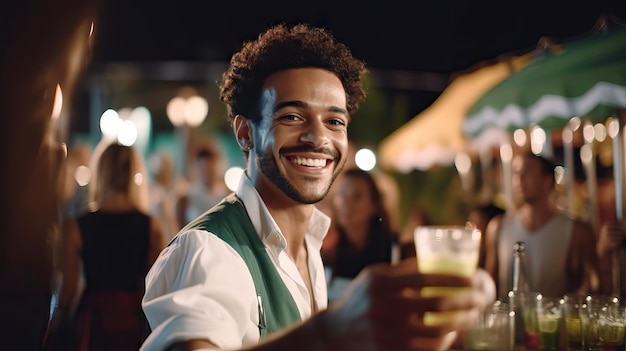 Uomo africano sorridente che posa sulla macchina fotografica durante la festa