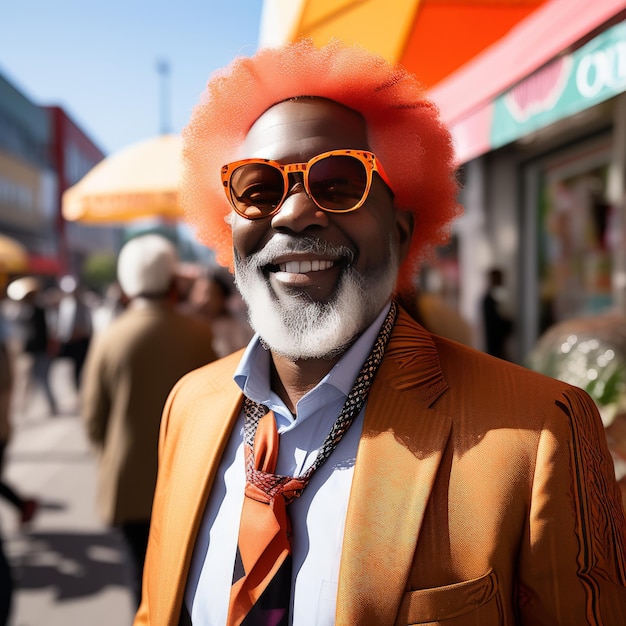 uomo afro sorridente che indossa occhiali da sole e vestiti colorati con parrucca arancione uomo afro sorridenti che indossa