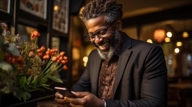 Uomo afroamericano allegro che usa lo smartphone in un caffè