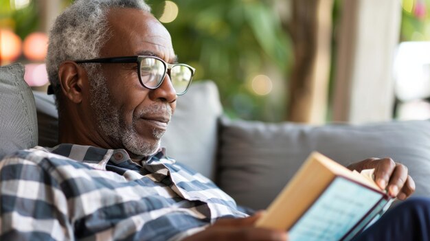 Uomo afroamericano anziano che legge un libro a casa indossando gli occhiali Maschio in pensione che legge un nuovo romanzo o letteratura aziendale Pensione concetto di svago