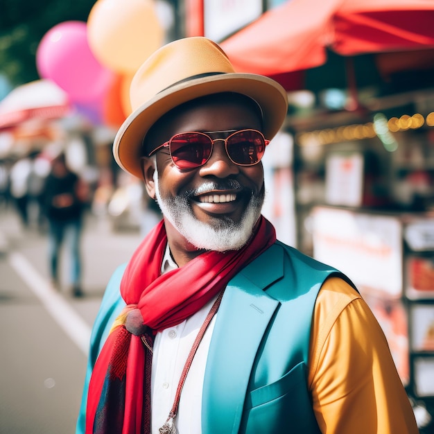 uomo afroamericano anziano con occhiali da sole e parrucca colorata in città anziano afroamericano