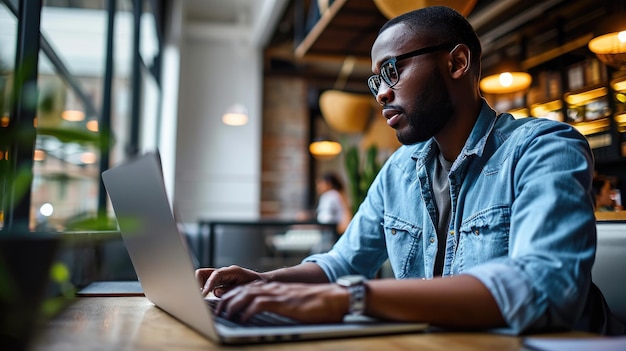 Uomo afroamericano che lavora su un portatile diversità sul posto di lavoro