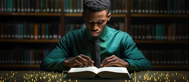 Uomo afroamericano che legge braille nella biblioteca scolastica