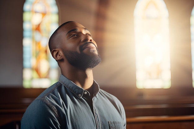 Uomo afroamericano che prega in chiesa 1