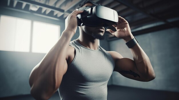 Uomo afroamericano che usa le cuffie di realtà virtuale in palestra