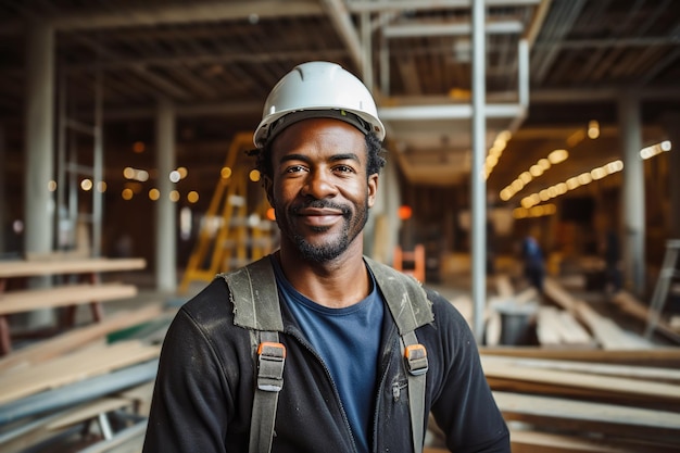 uomo afroamericano con casco di sicurezza che lavora in officina