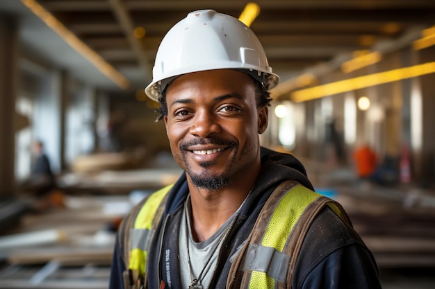 uomo afroamericano con casco di sicurezza che lavora in officina