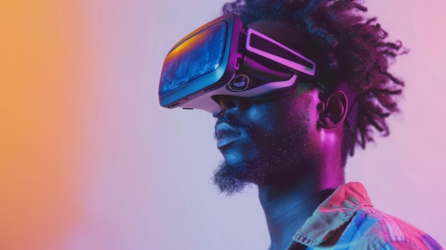 Uomo afroamericano con occhiali VR occhiali di realtà virtuale