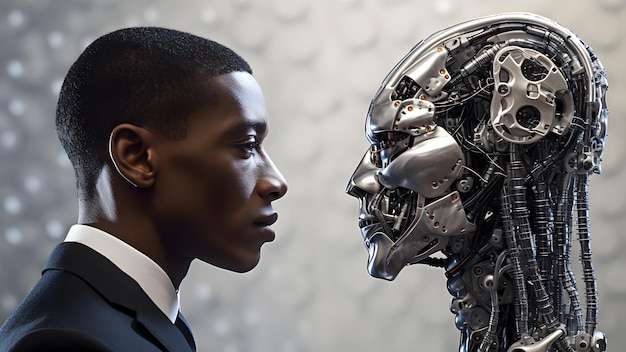 Uomo afroamericano contro robot che si guarda faccia a faccia vista laterale rete neurale