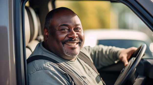 Uomo afroamericano di mezza età con la barba che guida un pick-up guardando la telecamera