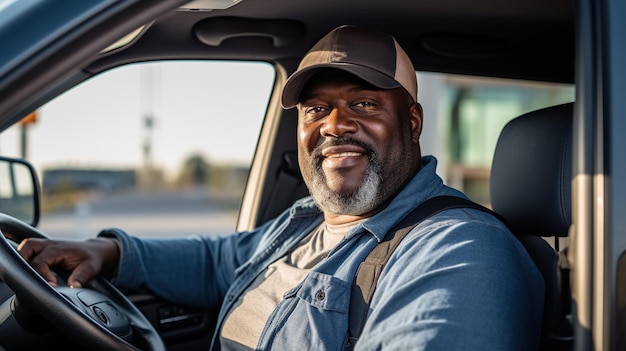 Uomo afroamericano di mezza età con la barba che guida un pick-up guardando la telecamera