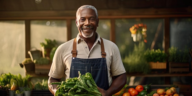 Uomo afroamericano di mezza età con la sua coltura di verdure in giardino