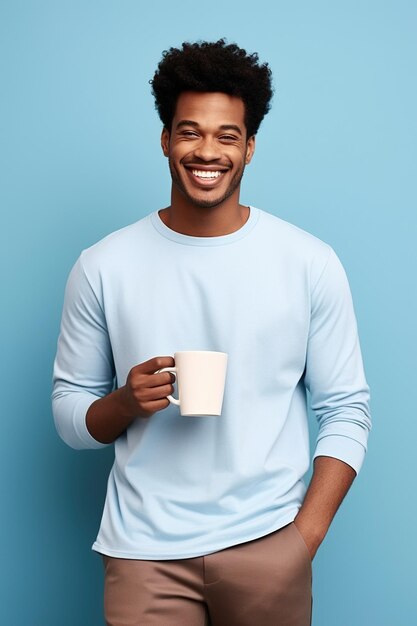 Uomo afroamericano felice con una tazza di caffè sullo sfondo blu