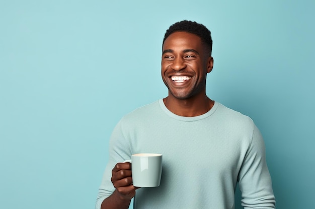 Uomo afroamericano felice con una tazza di caffè sullo sfondo rosso