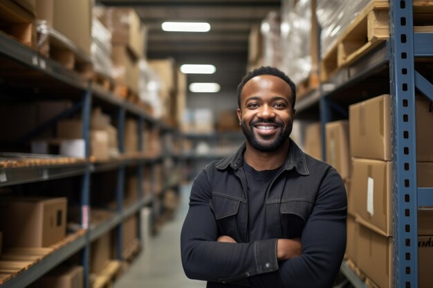 uomo afroamericano felice lavoratore sullo sfondo di scaffali con scatole nel magazzino