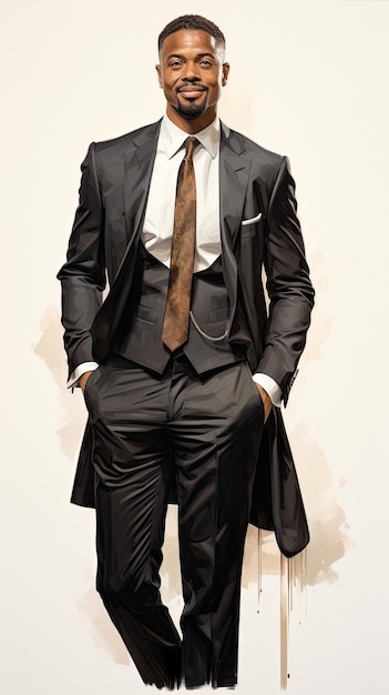 Uomo afroamericano sorridente che indossa un alto abito nero in piedi isolato su uno sfondo bianco