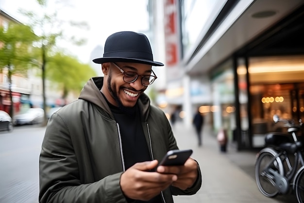 Uomo afroamericano sorridente che usa lo smartphone in una strada della città.