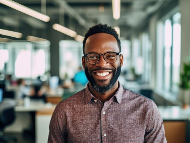 Uomo afroamericano sorridente felice che guarda l'obbiettivo